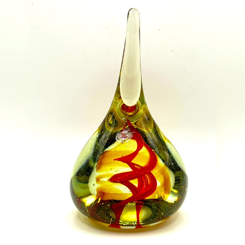 VTG Studio Art Glass Waterdrop Shaped Handblown Paperweight Abstract Red Spiral